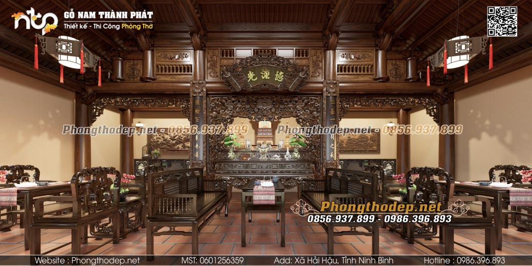 Nội thất phòng thờ 3 gian trong nhà gỗ